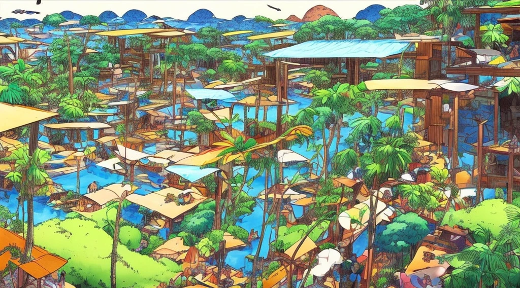 Cartoon of a scene from the Brazilian Amazon, an anime movie, by Peter Smithson, Oscar Niemeyer, Renzo Piano, Richard Rogers, Max Holleran, Charles-Édouard Jeanneret-Gris, Le Corbusier, Lina Bo Bardidi