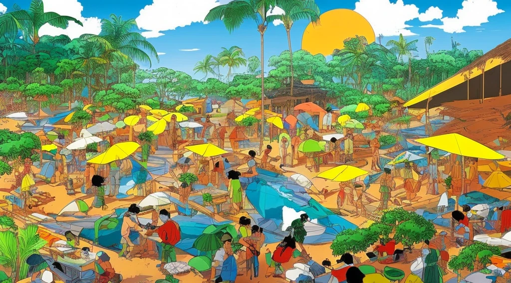 Cartoon of a scene from the Brazilian Amazon, an anime movie, by Peter Smithson, Oscar Niemeyer, Renzo Piano, Richard Rogers, Max Holleran, Charles-Édouard Jeanneret-Gris, Le Corbusier, Lina Bo Bardidi