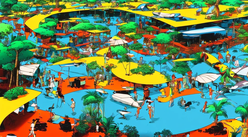 Cartoon of a scene from the Brazilian Amazon, an anime movie, by Peter Smithson, Oscar Niemeyer, Renzo Piano, Richard Rogers, Max Holleran, Charles-Édouard Jeanneret-Gris, Le Corbusier, Lina Bo Bardidi