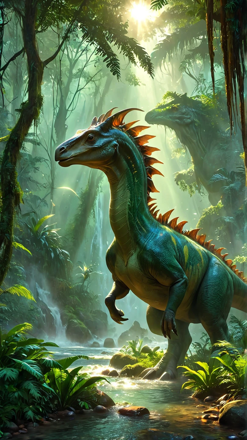 "Create a hyper-realistic, cinematic image of a Parasaurolophus, the iconic herbivorous dinosaur, in a lush, prehistoric jungle at sunrise. The Parasaurolophus stands majestically near a crystal-clear river, its long, elegant crest catching the golden sunlight filtering through the dense canopy above. Its skin is textured and detailed, displaying earthy tones of green, brown, and yellow, with subtle patterns blending seamlessly into the vibrant surroundings.

The atmosphere is serene yet dramatic, with mist rising gently from the river and soft beams of light piercing through the thick foliage, creating a mystical glow. In the background, towering ferns and ancient trees frame the scene, while smaller dinosaurs and primitive birds can be seen moving in the distance. The Parasaurolophus tilts its head slightly upward, emitting a low, resonant call, adding life and emotion to the moment. The cinematic composition captures the grandeur and tranquility of the creature’s natural habitat, evoking a sense of wonder and timelessness."