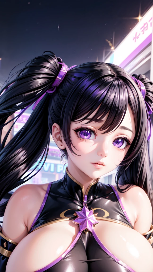 cute anime woman, face focus, close-up potrait, (gigantic breasts:1.0), idol outfit, long twintails hair, black hair, floating hair by wind, sparkle purple eye