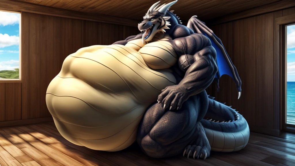 a giant gigantically muscular white and white white anthro sergal laying back on bed early morning, looking at the viewer, wearing tank top and grey sweatpants, cigarette in hand, gigantic hyper giant penis and balls bulge hanging heavy, shiny velvet white fur, huge round pecs, , massive arms, big thick thighs, broad shoulders. belly , legs wide, small head, huge black glossy nipples pierced, big long tail, wide angle lens, side view, bedroom setting, hyper realistic, by darkgem