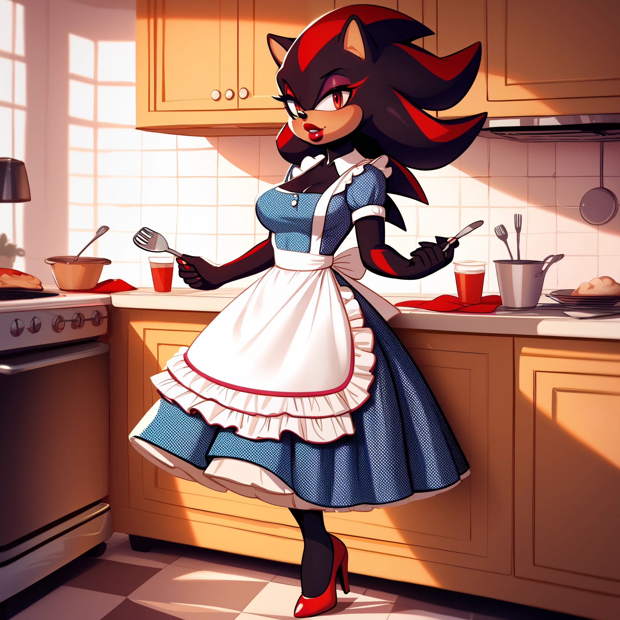 nfsw, Female shadow the hedgehog, with black body and medium sized breasts, 50sHous3Wif3, dress, apron, short sleeves, heels, makeup, lipstick