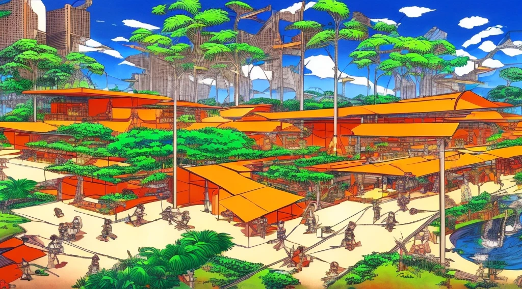 Cartoon of a scene from the Brazilian Amazon, an anime movie, by Peter Smithson, Oscar Niemeyer, Renzo Piano, Richard Rogers, Max Holleran, Charles-Édouard Jeanneret-Gris, Le Corbusier, Lina Bo Bardidi