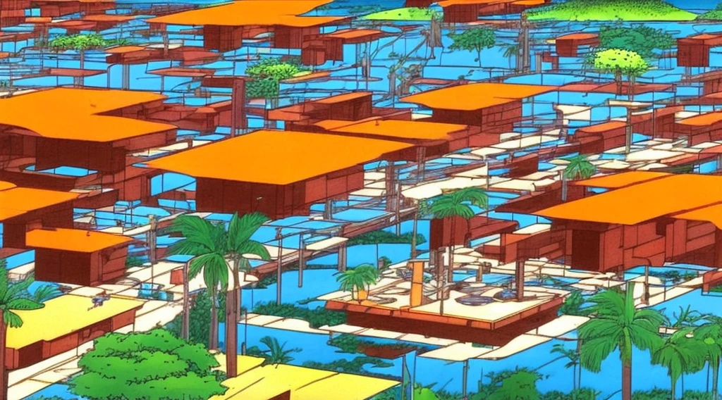 Cartoon of a scene from the Brazilian Amazon, an anime movie, by Peter Smithson, Oscar Niemeyer, Renzo Piano, Richard Rogers, Max Holleran, Charles-Édouard Jeanneret-Gris, Le Corbusier, Lina Bo Bardidi