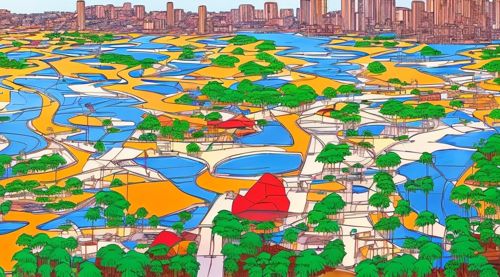 Cartoon of a scene from the Brazilian Amazon, an anime movie, by Peter Smithson, Oscar Niemeyer, Renzo Piano, Richard Rogers, Max Holleran, Charles-Édouard Jeanneret-Gris, Le Corbusier, Lina Bo Bardidi