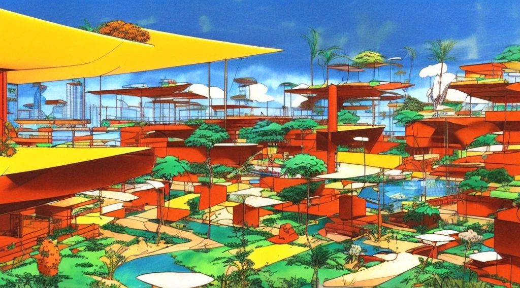 Cartoon of a scene from the Brazilian Amazon, an anime movie, by Peter Smithson, Oscar Niemeyer, Renzo Piano, Richard Rogers, Max Holleran, Charles-Édouard Jeanneret-Gris, Le Corbusier, Lina Bo Bardidi