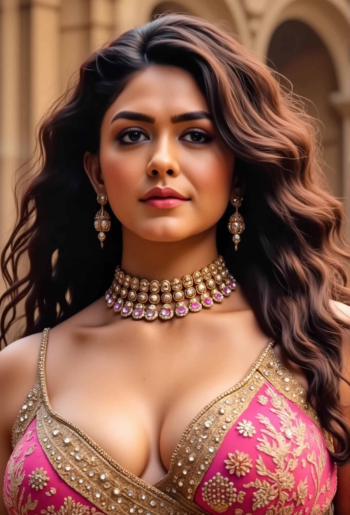 Mrunal as beautiful Indian goddess, goddess of beauty, inspired by Hindu mythology, fleshy thick figure, ideal fat body, alluring figure, Hindu Mythological goddess, with thick busty body and huge wearing and gemstones jewellery, curly long hair, dress made of beautiful jewellery and gemstones, juicy thick figure, meaty figure,
