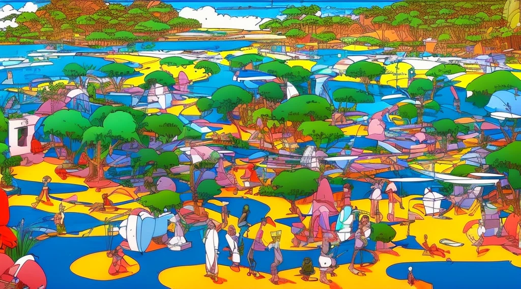 Cartoon of a scene from the Brazilian Amazon, an anime movie, by Peter Smithson, Oscar Niemeyer, Renzo Piano, Richard Rogers, Max Holleran, Charles-Édouard Jeanneret-Gris, Le Corbusier, Lina Bo Bardidi