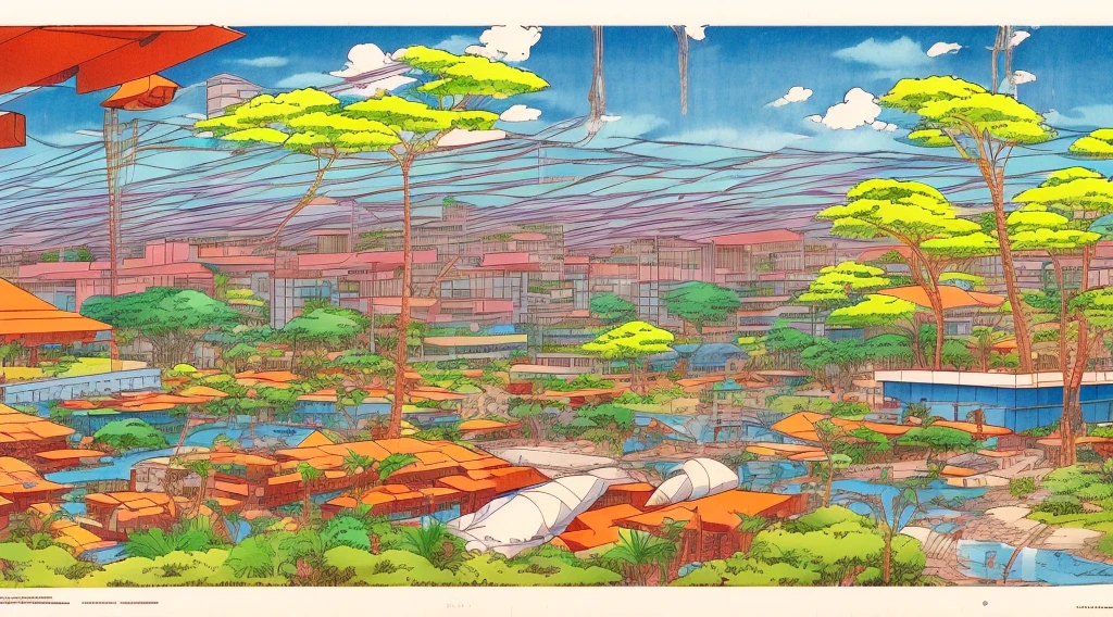 Cartoon of a scene from the Brazilian Amazon, an anime movie, by Peter Smithson, Oscar Niemeyer, Renzo Piano, Richard Rogers, Max Holleran, Charles-Édouard Jeanneret-Gris, Le Corbusier, Lina Bo Bardidi