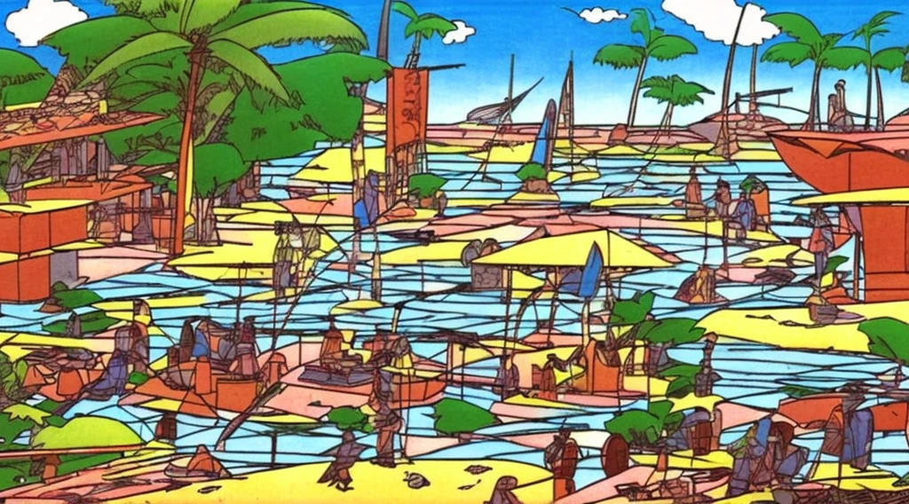 Cartoon of a scene from the Brazilian Amazon, an anime movie, by Peter Smithson, Oscar Niemeyer, Renzo Piano, Richard Rogers, Max Holleran, Charles-Édouard Jeanneret-Gris, Le Corbusier, Lina Bo Bardidi