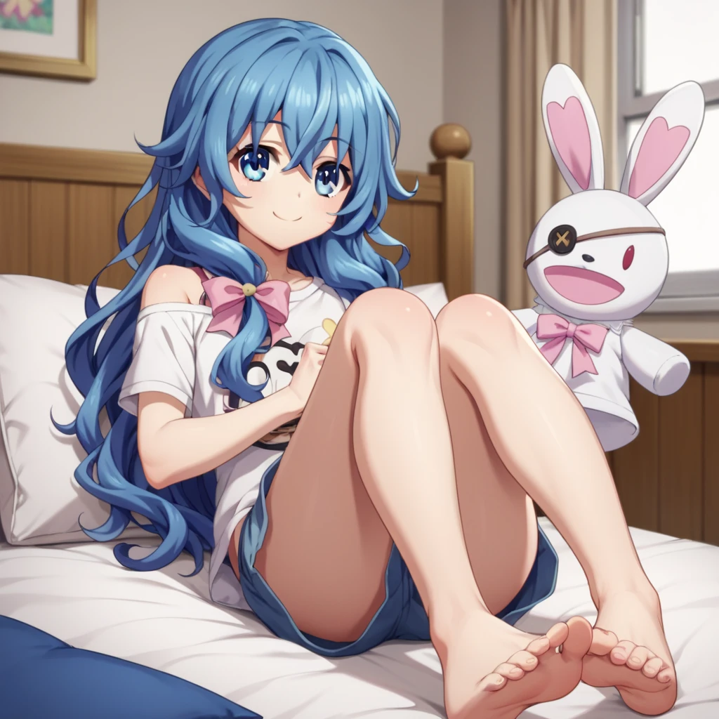 score_9, score_8_up, score_7_up, source_anime,
yoshino, long hair, blue hair, blue eyes, stuffed toy, stuffed bunny, puppet, hand puppet,
bare shoulder, ribbon,  Knee-length T-shirt, indoors, an goodness smile, looks at the viewer, solo, lies on the bed, lies on his stomach and the soles of his feet look at the ceiling and his legs are crossed, the corners of her mouth perkiy lifted, 