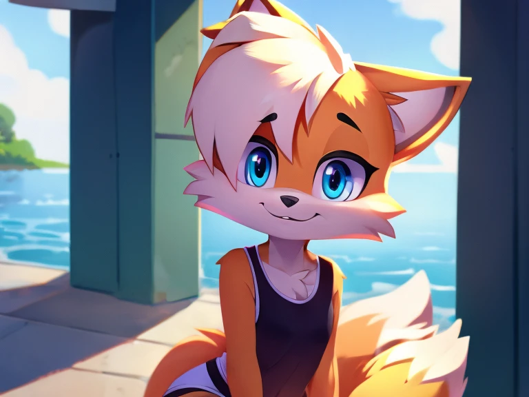 Furry fox cute hairstyle short hair detailed body clothes blue eyes art talking smile 