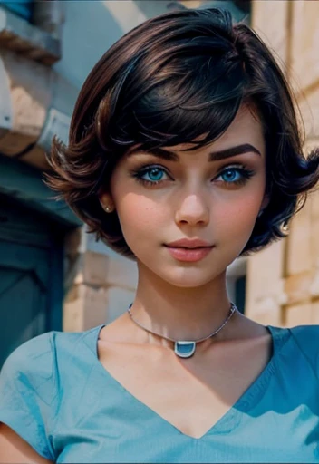  Beautiful girl with short hair , blue eyes and makeup , beautiful face, collar,   watching the spectator,  ,full hd 