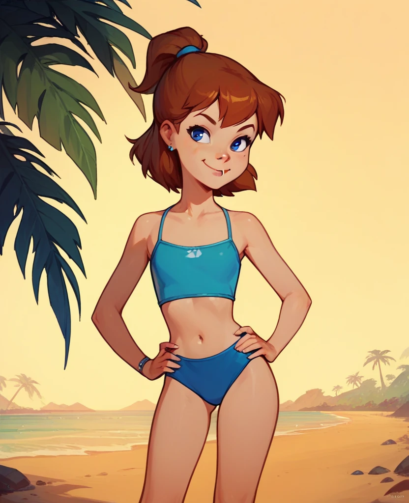 2.5d, jenny, perfect-graphics, high-quality, 1 girl, solo, brown hair, ponytail, blue eyes, earrings, standing, sunny, at tropical beach, hands on hips, smirking, wearing a sexy blue bikini