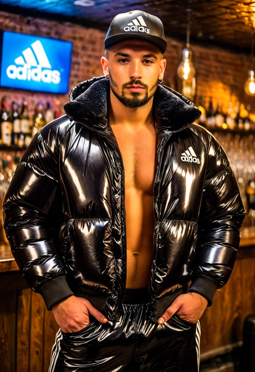Graffiti urban style, portrait of medium body of two:chav guys handsome 30 year old Chavs, open zipper jacket, white tank top, thin gold collar, holding some weights in the gym, blue latex tracksuit from "Adidas" very tight and tight, muscular - athletic body, in London, more guys muscle men in the background, with beard, full red leather cap "adidas" in black shiny latex tracksuit++, ((low angle)), legs apart, dynamic pose, wearing a super inflated huge shiny black puffer jacket "Adidas",Extremely Realistic,depth of field:1.4, bulge, adidas tracksuit, detailed hand+, detailed hands+, perfect hand+, perfect hands+, masterpiece face+, masterpiece hands++, detaled hands, perfect hand, perfect body, perfect bulge, realistic, ultra textured skin, ultra textured cloth+, super ultra textured materials+, small details corrected, highly textured skin+, textured clothing+, perfect hands+, hands without fused fingers+