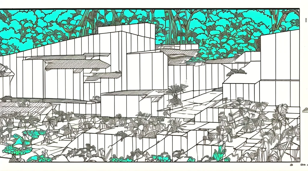 Cartoon of a scene from the Brazilian Amazon, an anime movie, by Peter Smithson, Oscar Niemeyer, Renzo Piano, Richard Rogers, Max Holleran, Charles-Édouard Jeanneret-Gris, Le Corbusier, Lina Bo Bardidi