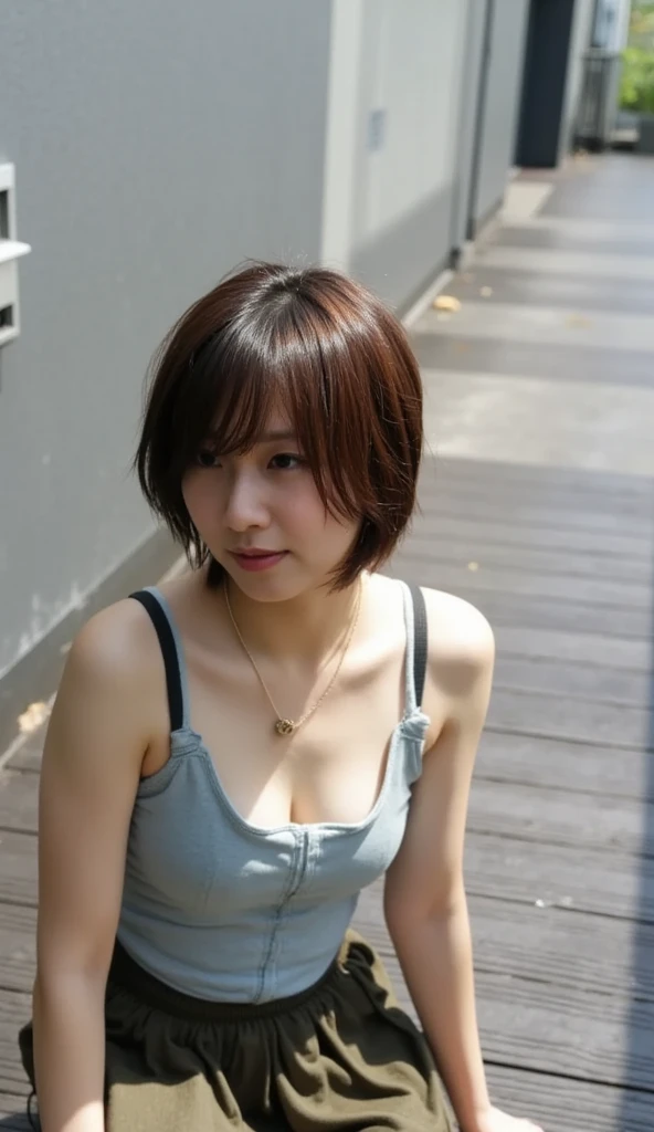 (((Big Breasts:1.52)))、((View angle from below、 top quality、masterpiece、32K、Every Little Detail ))、Descend the outdoor stairs、commute、Systemic symptoms、Very loose camisole、 pleated skirt 、((( Strong wind blows my hair and skirt:1.62)))、((The shoulder strap can be worn diagonally.:1.83))(( very accurate and accurate anatomy:1.0)), (photo  realistic :1.4), (hyper  realistic :1.4), ( top qualityの realistic な肌の質感:1.4), (Improved quality:1.4), (  enhances the beauty of the skin texture  :1.1), Clean, glowing skin, mesh, thin:1.2, ( realistic :1.3),  realistic なライティング, (  smoother lighting  :1.05), ( improves film lighting quality:0.9), Backlight, A gentle light for your face,  ray tracing, ( bright light:1.2), 32K,  1 Japanese Woman, fine grain,  detailed face , ( Film Grains :1.1),( body line :1.1),  high definition ,  Natural Look , Kind eyes, Improves hair quality,  Delicate Shading , 、 One Girl , Alone、((( miniskirt,  no underwear:1.22)))、Big Breasts、barefoot,  high heels