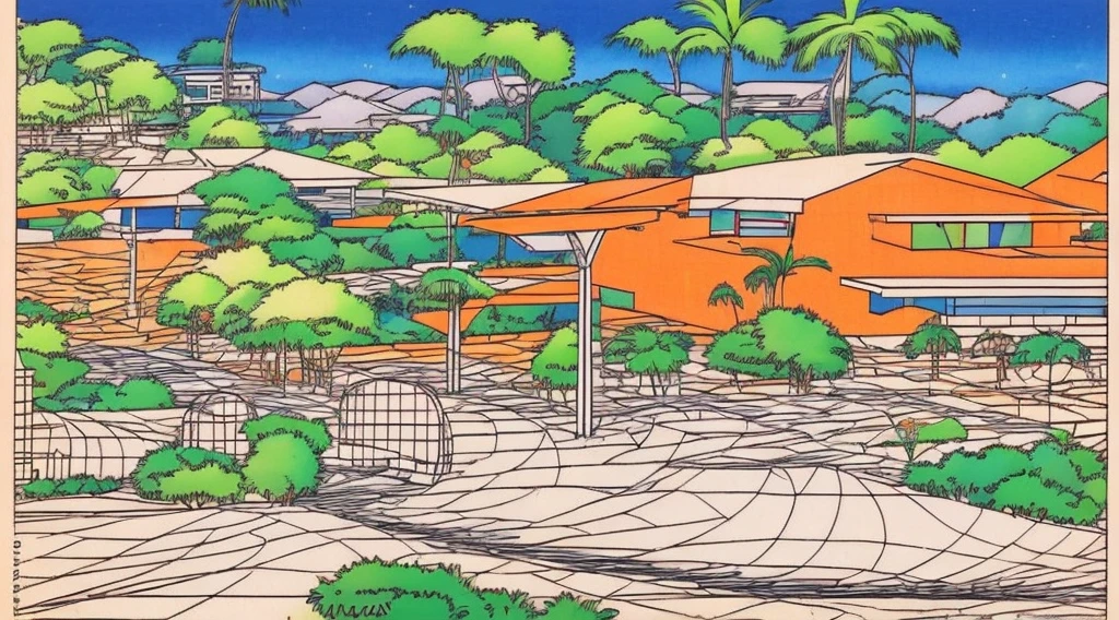 Cartoon of a scene from the Brazilian Amazon, an anime movie, by Peter Smithson, Oscar Niemeyer, Renzo Piano, Richard Rogers, Max Holleran, Charles-Édouard Jeanneret-Gris, Le Corbusier, Lina Bo Bardidi