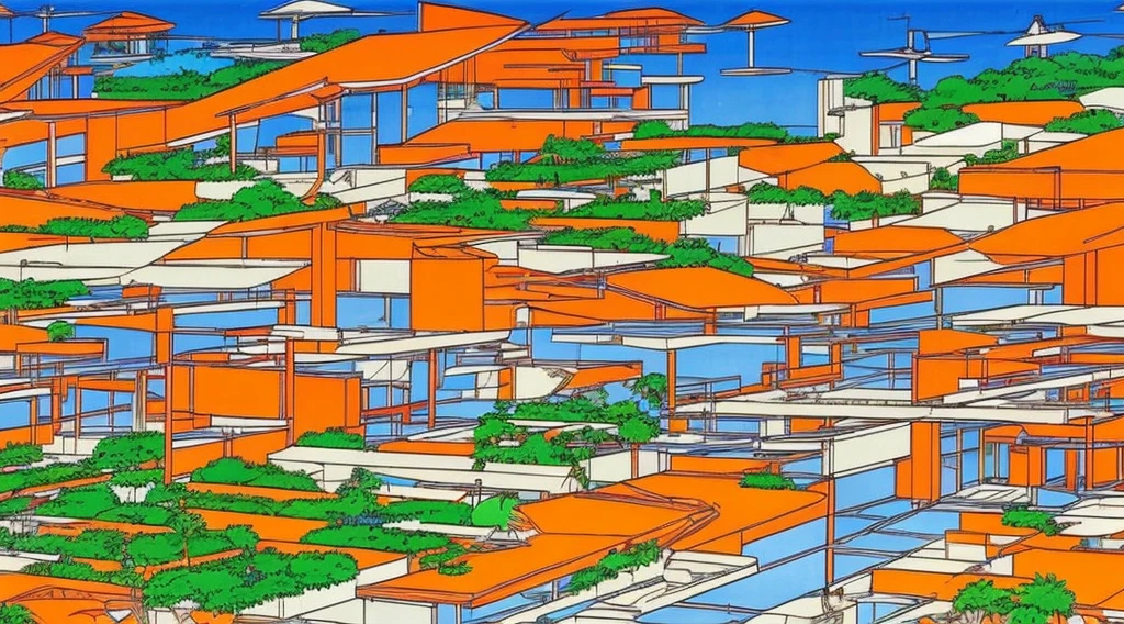 Cartoon of a scene from the Brazilian Amazon, an anime movie, by Peter Smithson, Oscar Niemeyer, Renzo Piano, Richard Rogers, Max Holleran, Charles-Édouard Jeanneret-Gris, Le Corbusier, Lina Bo Bardidi