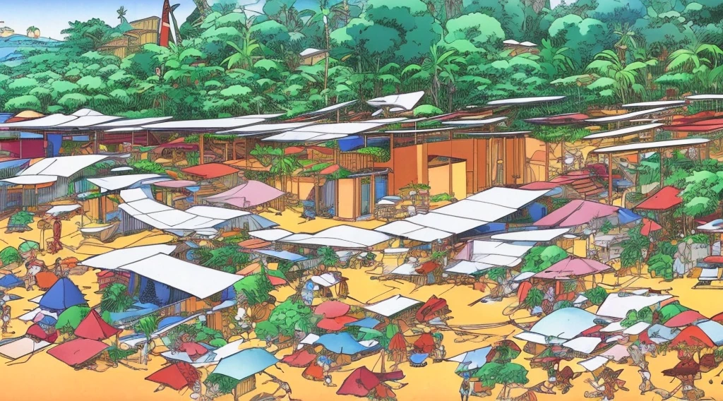 Cartoon of a scene from the Brazilian Amazon, an anime movie, by Peter Smithson, Oscar Niemeyer, Renzo Piano, Richard Rogers, Max Holleran, Charles-Édouard Jeanneret-Gris, Le Corbusier, Lina Bo Bardidi