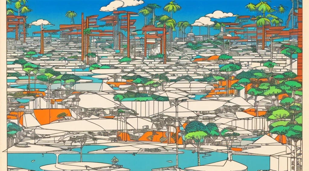 Cartoon of a scene from the Brazilian Amazon, an anime movie, by Peter Smithson, Oscar Niemeyer, Renzo Piano, Richard Rogers, Max Holleran, Charles-Édouard Jeanneret-Gris, Le Corbusier, Lina Bo Bardidi