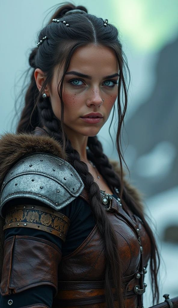 "Create a hyper-realistic portrait of a fierce and sensual Viking ...