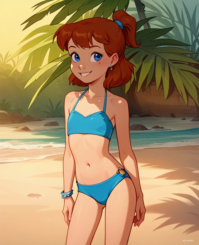 2.5d, jenny, young­k­i­d­, perfect-graphics, high-quality, 1 girl, solo, brown hair, ponytail, blue eyes, earrings, standing, sunny, at tropical beach, sand and water, hands on hips, smirking, wearing a sexy blue bikini, sexy pose