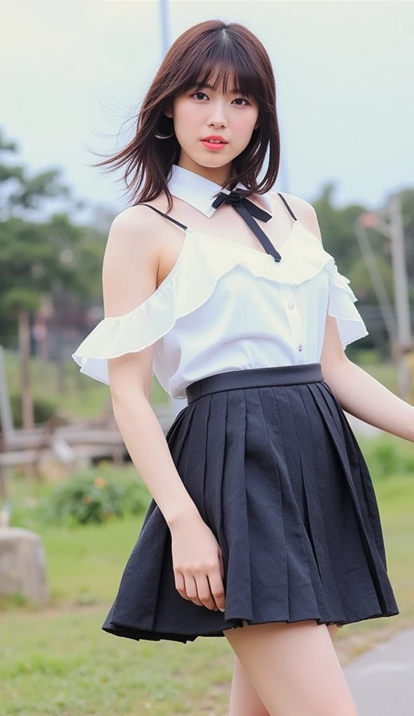 (((Big Breasts:1.52)))、((View angle from below、 top quality、masterpiece、32K、Every Little Detail ))、Descend the outdoor stairs、commute、Systemic symptoms、Very loose camisole、 pleated skirt 、((( Strong wind blows my hair and skirt:1.62)))、((The shoulder strap can be worn diagonally.:1.83))(( very accurate and accurate anatomy:1.0)), (photo realistic :1.4), (hyper realistic :1.4), ( top qualityの realistic な肌の質感:1.4), (Improved quality:1.4), ( enhances the beauty of the skin texture :1.1), Clean, glowing skin, mesh, thin:1.2, ( realistic :1.3), realistic なライティング, ( smoother lighting :1.05), ( improves film lighting quality:0.9), Backlight, A gentle light for your face, ray tracing, ( bright light:1.2), 32K, 1 Japanese Woman, fine grain, detailed face , ( Film Grains :1.1),( body line :1.1), high definition , Natural Look , Kind eyes, Improves hair quality, Delicate Shading , 、 One Girl , Alone、((( miniskirt, no underwear:1.22)))、Big Breasts、barefoot, high heels