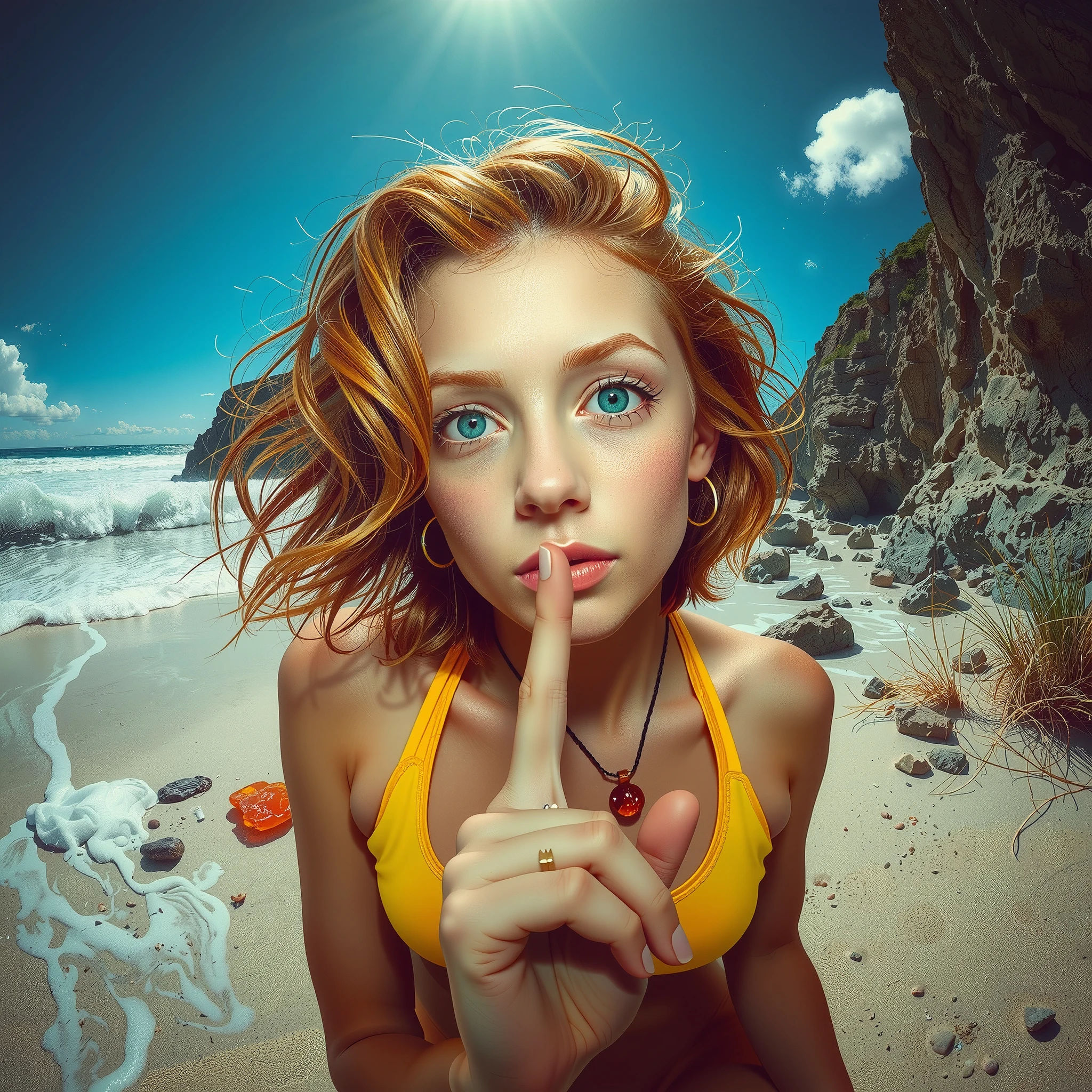 Cinematic photography, low-angle front view shot of a young 18-years-old Woman at a sunny summer day in a lonely hidden bay on the Baltic Sea. She is writing a motto into the sand with her index finger.

She is from Germany. She is wearing a neon swim suite.  She has has slightly wavy short ginger hair and green eyes shining with reflection of light. She has a skinny body. She wears a necklace with an amber pendant. 

Some little fair-weather clouds passing by. Tall waves break on the shore. Water whips up a half-submerged rock. A section of steep coast can be seen on the right and left edges of the picture. Dune grass is seen on the right bottom corner of picture. amber pieces lie in front of her in the sand. the light comes from the front.