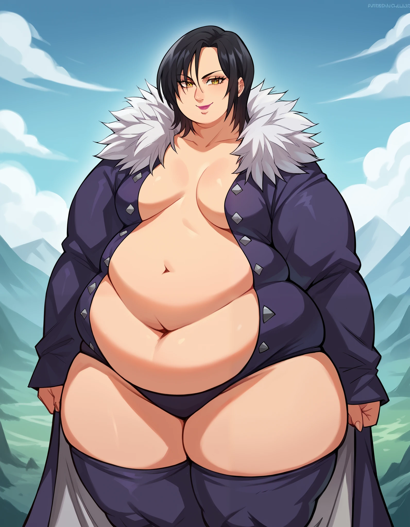 score_9, score_8_up, score_7_up, source_anime, merlin, short hair, black hair, medium breasts, yellow eyes, makeup, lipstick, breasts apart, thighhighs, navel, coat, fur trim, long sleeves, cleavage, center opening, midriff, collarbone, panties,, landscape, smile, looking at viewer, solo, fat, chubby, obese,. extremely obese 