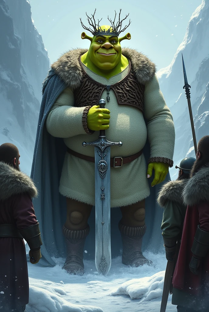 Create an image of Sir Gareth talking to Shrek with the jousting field in the background