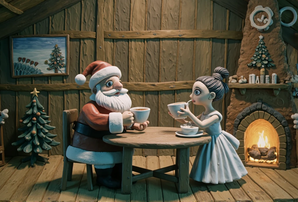  Santa Claus and the Snow Maiden are sitting at a table drinking tea.  In a wooden hut . В углу стоит Christmas елка. The otmasyera is warm , Christmas, romantic. a clay painting of