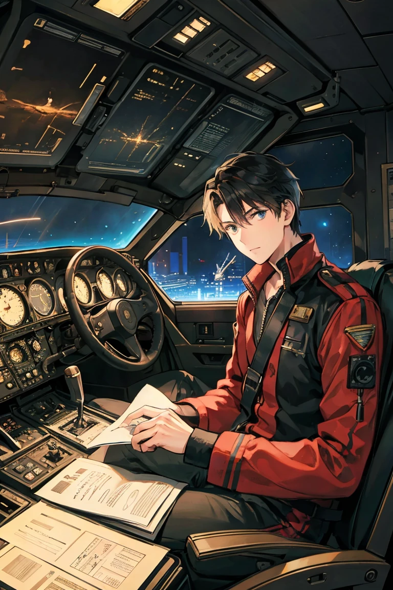 A dark-haired aviator man is staring at an analog instrument in the cockpit of an old airplane while unfolding documents at night