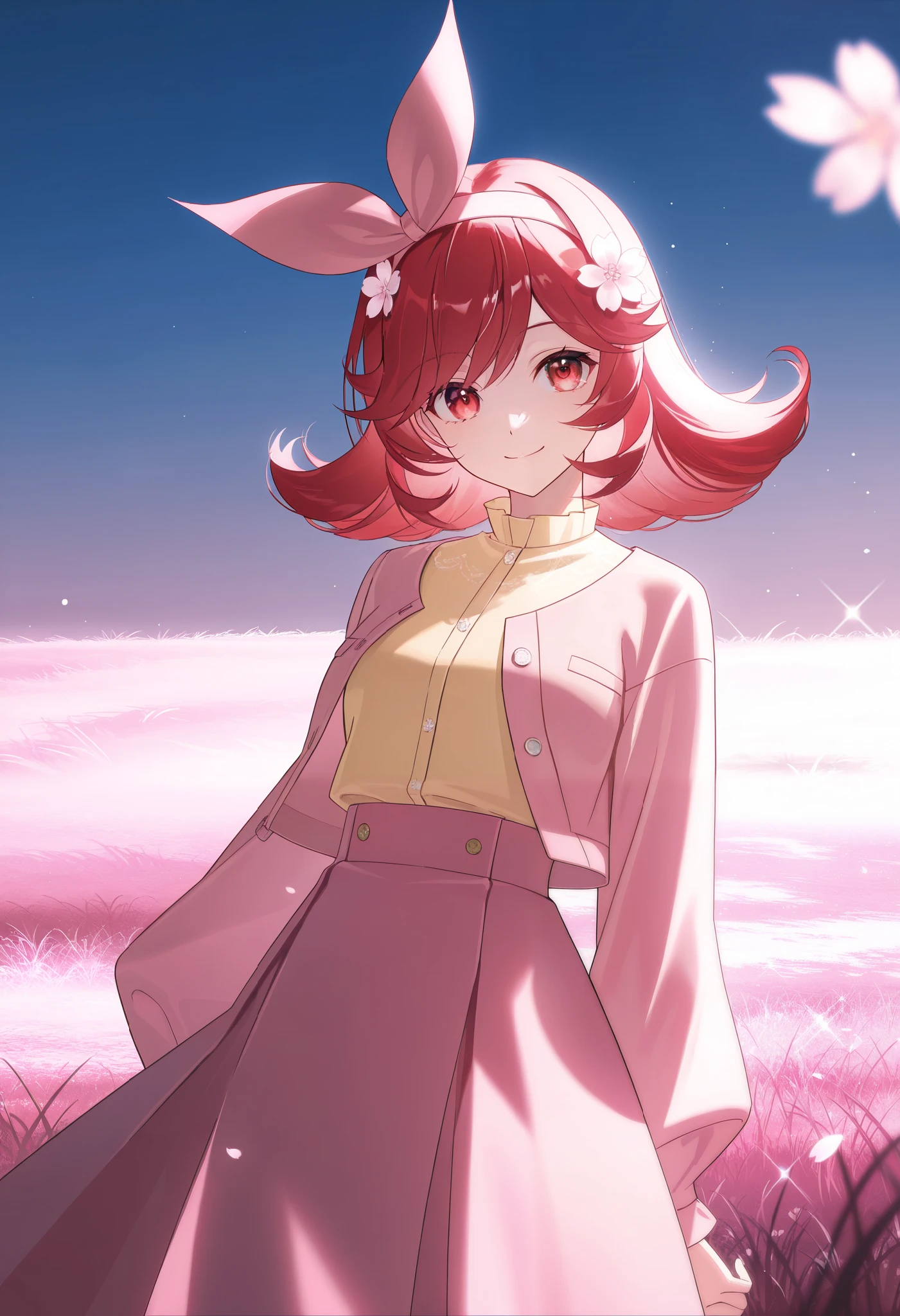 1girl, solo, red hair, medium hair, (flipped hair:0.9), huge hair bow, hair flower, hairband, red eyes, light yellow shirt, jacket, pink skirt, smile, happy, sparkle, sakura trees, grass, pink theme, protrait, masterpiece, best quality, amazing quality, very aesthetic, absurdres, newest, scenery, dim lighting, intricate details, highly detailed, light leaks, beautiful detailed glow, best shadow, cinematic lighting, ray tracing, sidelight