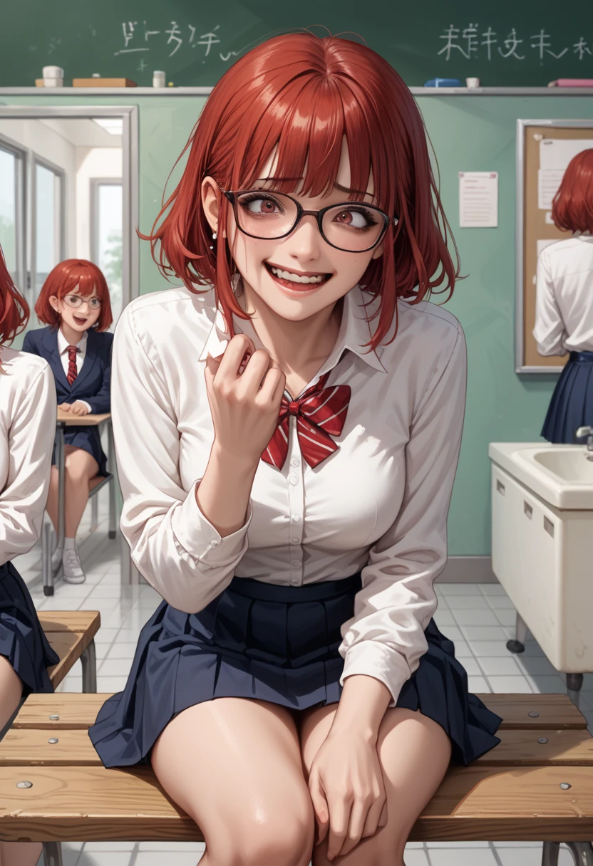 a woman with an excited and scared face sitting on a bench, the scene is of a perverted teacher who is caught red-handed with an excited and scared face in a school bathroom, the perverted teacher is a woman with red hair and glasses and dressed as a teacher, she is thirty years old, the perverted woman is sitting on a bench with her legs open with one hand between her legs as if she were trying to hide something by holding up her skirt, the woman is caught red-handed in the school bathroom doing something perverted.) expression: (terrified but excited, the teacher's legs are open.)
background image in the mirror the image of a teenager with an evil smile that is reflected in the large mirror that is behind the perverted teacher, the boy is in front of the teacher smiling evilly. Anime, hentai