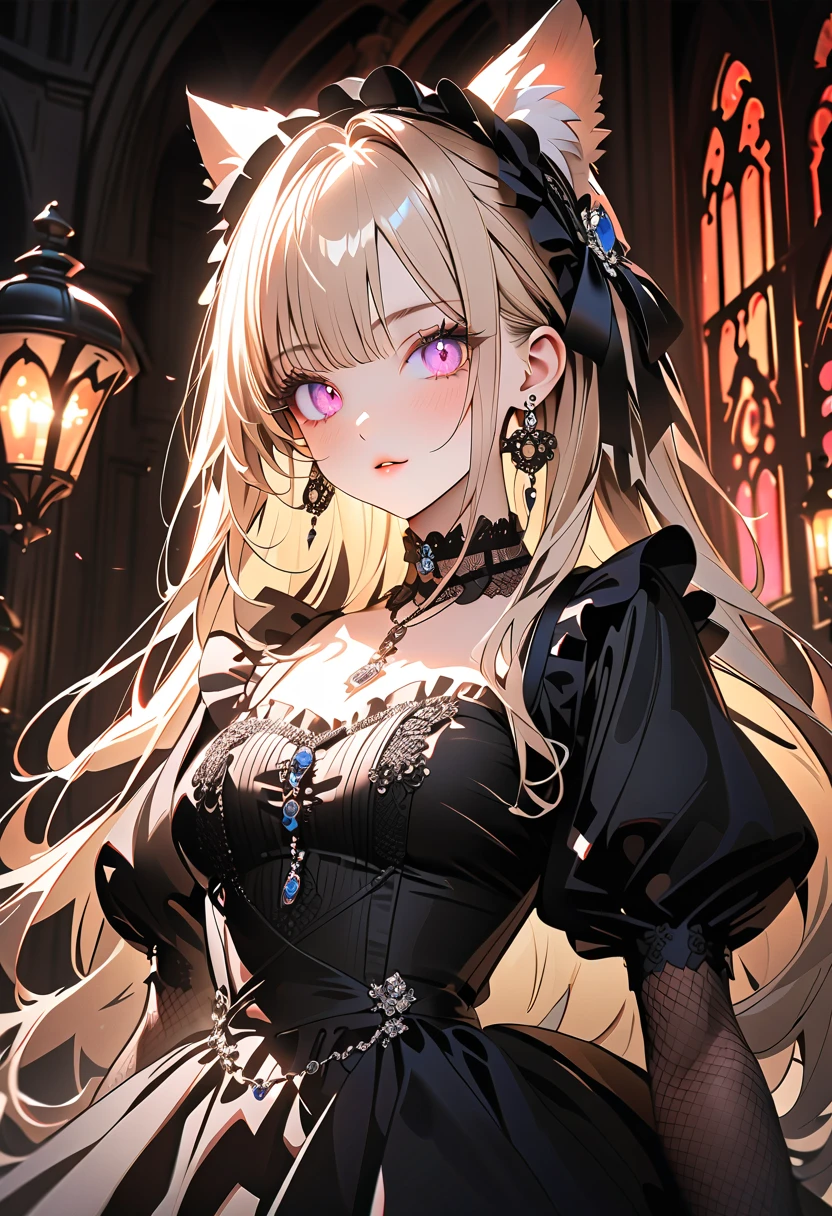 1 girl, ((beautiful girl in Lolita fashion: 1.4)), attractive face, elegant, gorgeous, (gothic lolita dresses, choker, earrings, rings, jewelry), luxurious, detailed beautiful face, (shiny hair, long hair), glowing eyes, light reflecting in the eyes. (finely detailed beautiful eyes: 1.2), double eyelids, (eyelash: 1.2), (eye shadow: 1.2), at a medieval european castle, (cowboy shot, from front, face focus), deep depth of field, stunning, fascinating, enchanting, cinematic lighting, cinematic composition, anime style, vibrant colors, thin lines, dreamlike, absurdres, highres, masterpiece, best quality, newest, very aesthetic, ultra quality, high detailed, anatomically correct, perfect hands, (anime art style),