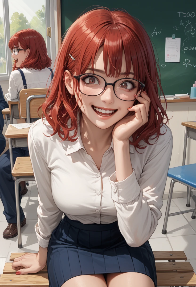 a woman with an excited and scared face sitting on a bench, the scene is of a perverted teacher who is caught red-handed with an excited and scared face in a school bathroom, the perverted teacher is a woman with red hair and glasses and dressed as a teacher, she is thirty years old, the perverted woman is sitting on a bench with her legs open with one hand between her legs as if she were trying to hide something by holding up her skirt, the woman is caught red-handed in the school bathroom doing something perverted.) expression: (terrified but excited, the teacher's legs are open.)
background image in the mirror the image of a teenager with an evil smile that is reflected in the large mirror that is behind the perverted teacher, the boy is in front of the teacher smiling evilly. Anime, hentai