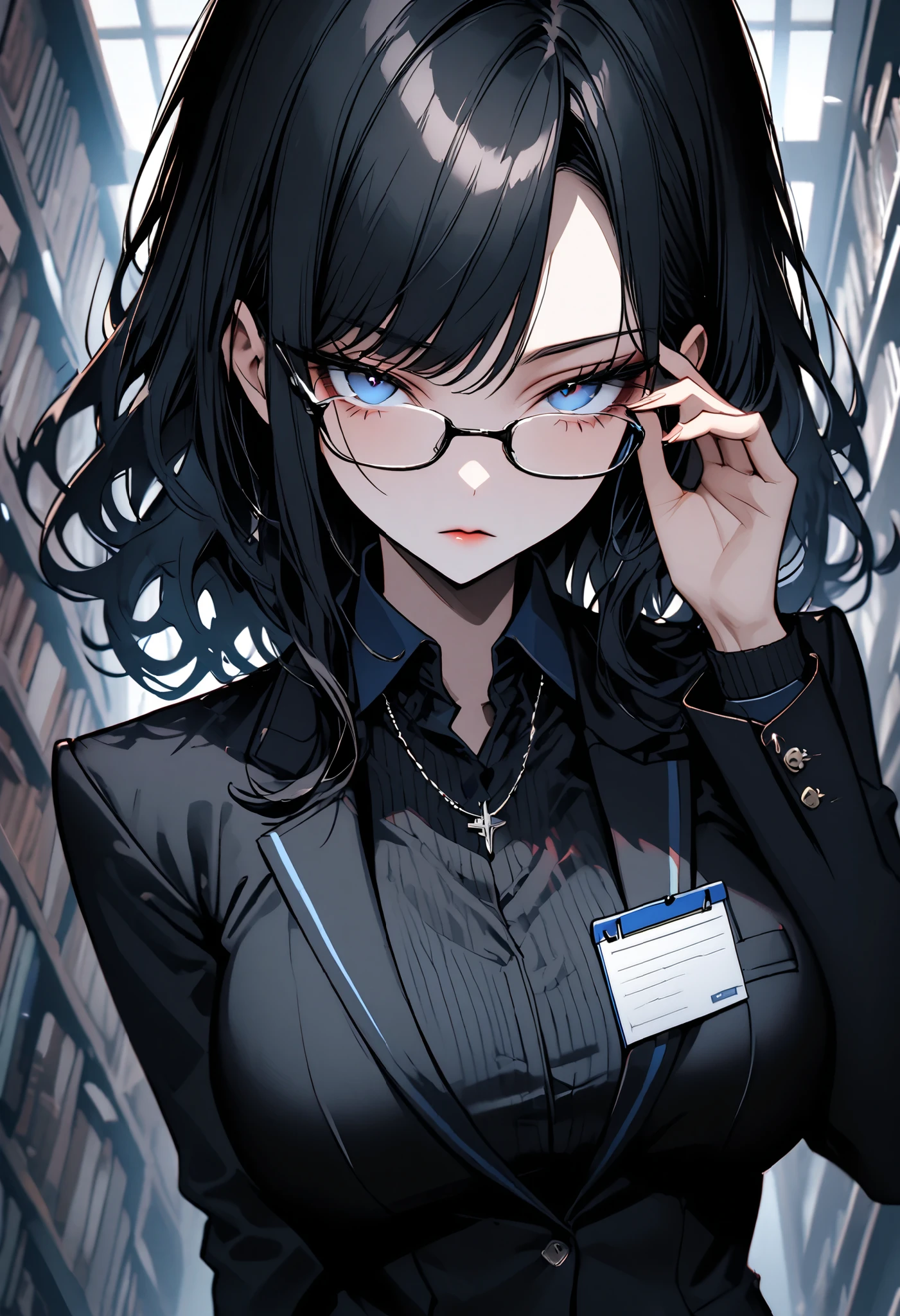 solo, woman, close up, long black hair, blue eyes, huge breasts, neat suit, open collar, library, thin-rimmed glasses, elegant, half closed eyes, upper body shot, tiny waist, pantyhose, short pencil skirt, notepad:1.5, adjusting glasses, low tied hair, wavy hair, swept bangs, straight hair, looking at viewer, stern, girly, energetic, black bra:0.1, necklace, depth of field