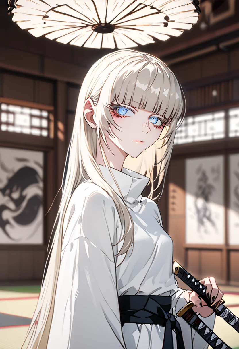 Anime style, 1 girl, 1 sexy girl, white pale skinned girl, porcelain skin, blue eyes, (HAIR: light blonde straight cut, long length, full bangs covering eyebrows, side framing fringe, extra long hair ) (BODY: flat chested, skinny, short )(best quality, 4k, 8k, highres, masterpiece:1.2), ultra-detailed, HDR, UHD, studio lighting, detailed eyes, ultra-fine painting, sharp focus, physically-based rendering, extreme detail description, professional, vivid colors, in a dojo, holding a katana, score_9, score_8_up, score_9_up, source_anime