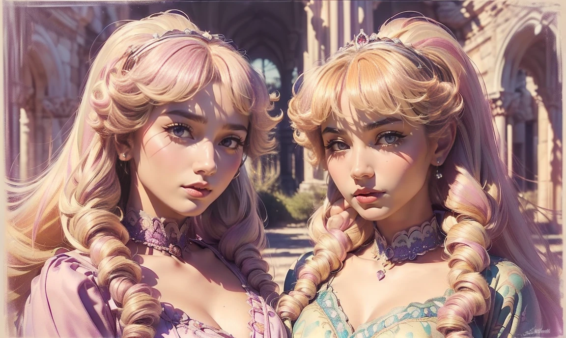 fantasy ambience. close up. standing bunched in together. ((2 unique lovely young princesses:1.5)), unique personalities, ((each with a unique expression on face:1.5)), (((each with a unique natural hair color:1.5))), (((each with unique natural eye color:1.5))), wearing stunning feminine flowing clothes, ((looking straight at the camera:1.5)), pretty castle ruins background.