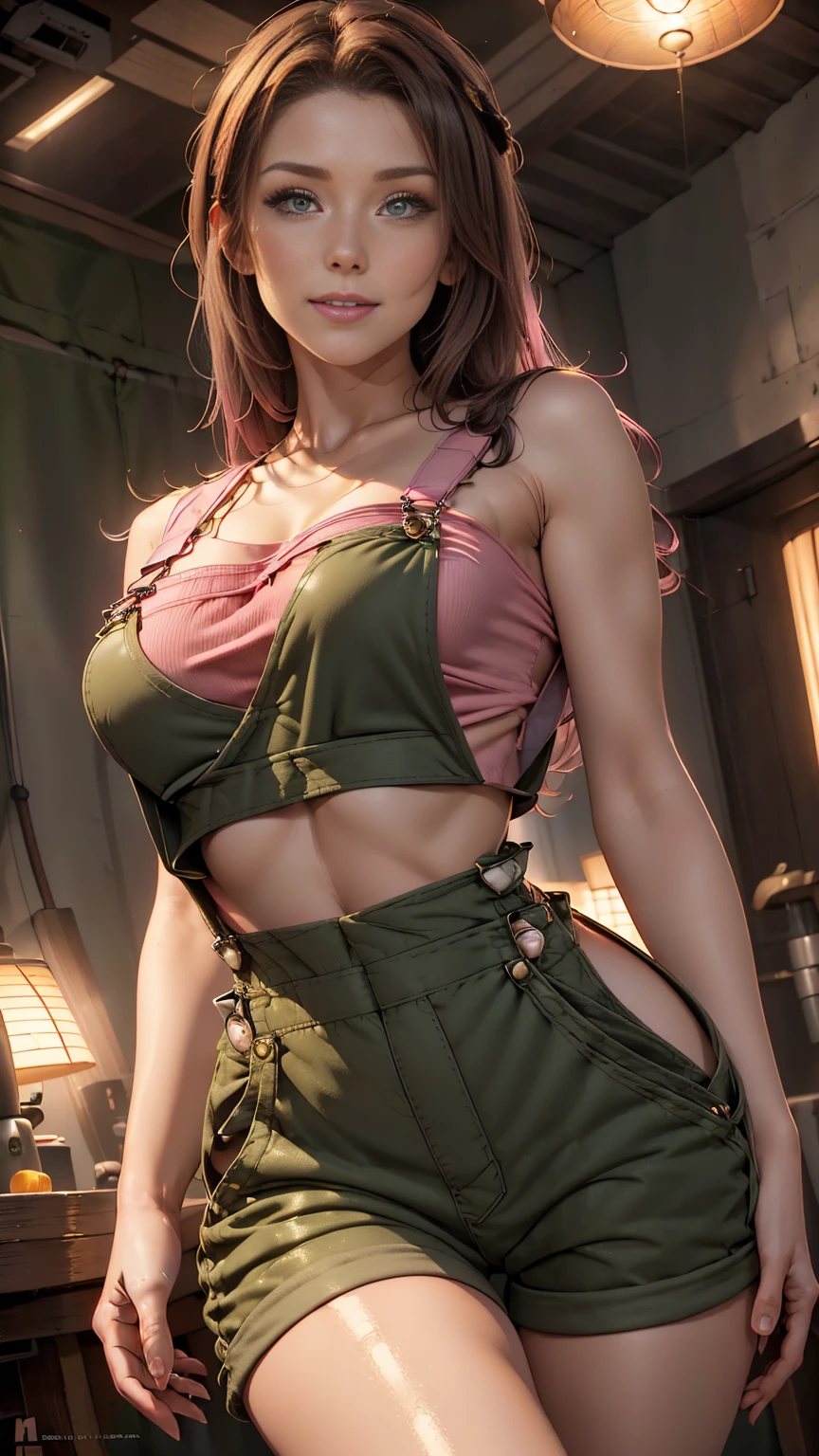 ((1girl)), Jewel Staite as Kaylee from Firefly, ((undone olive green overalls)), ((short pink crop top)), ((long brunette hair)), perfect breasts, sexy pose, thin and skinny, toned body, smile, spaceship engine