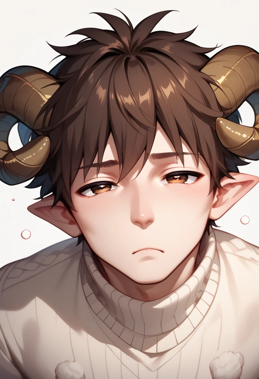 A boy alone, thin ando short, black wool sweater, sheep horns, sheep tail, sheep hybrid man, white skin, vulnerable position and no pants, dark brown hair, brown eyes, thin legs, small butt, sleepy expression, wide nose, small round eyes, oval face, semi short hair