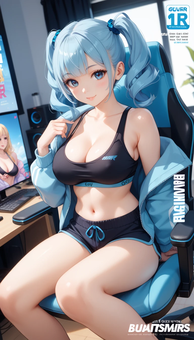 masterpiece, best quality, highly dramatic picture, beautiful eyes, cinematic lens effect, big beautifully shaped breasts , ultra cute, ultra sexy, ultra bouncy , ultra curvy , horny , pervert, Dutch angle ((Busty Bitches)), magazine cover :ecchi girl, gamer girl, gamer chair, black sports bra, shorts, blue pigtails, streaming ,  designer jacket 