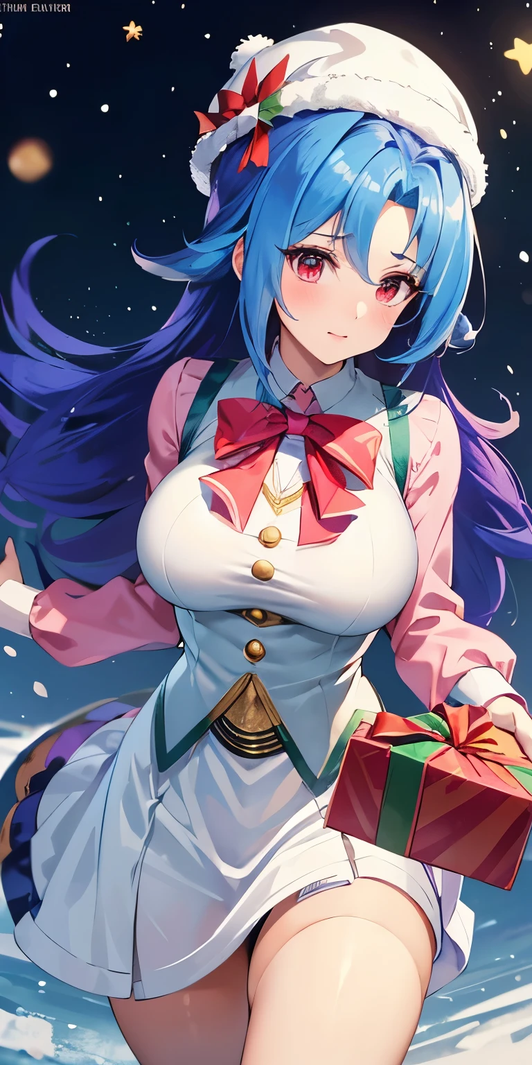 1 Female,High definition,high resolution,Ultra-realistic,8K, kr1, multicolored hair, dyed bangs, long sleeves, , bow, pink dress, white vest, white skirt, large breasts,European,sexy,Photographed from the front,Dynamic Angles,(blush), (medium tits) , Christmas hat, holding a Christmas box