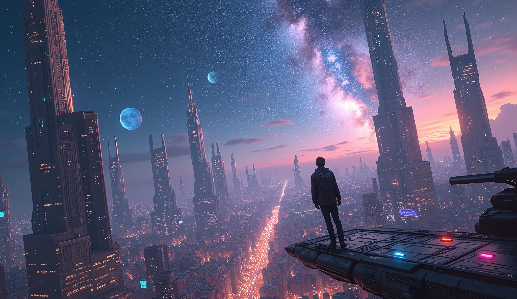 Futuristic city with a man standing on a ledge looking at the sky ...