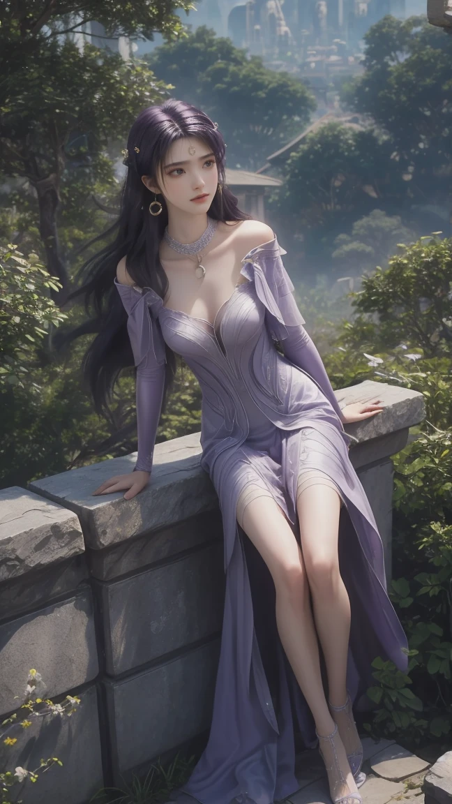 Sweet girl clothes2,pearl necklace,purple dress,flower,  ((full body)), ((from below)), yushuxin,1girl,solo, ((Stand up, against the ledge)), ((leaning forward)), ((Clear features, clear faces, clear faces)), red lips, makeup, close-up shot, elegant posture, enticing pose, perfect curves, slim, sexy, big breasts, cleavage, beautiful legs, mesmerizing gaze, biting lips, long purple hair, simple casual scene, extremely detailed, ultra-clear, best quality, official art, exquisite earrings, delicate necklace, extremely detailed description, super fine painting, exquisite features, Elegant, beautiful, hyperfine details, master works, authentic texture, cinematic lighting realism, Masterpiece, best quality