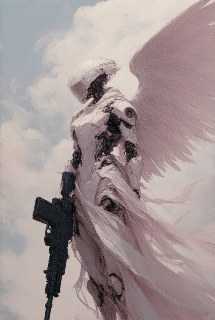 "An abstract depiction of an robot angel holding a machine gun. The angel is ethereal and composed of flowing, translucent shapes and soft pastel colors, giving it a surreal, otherworldly appearance. The machine gun contrasts with the angel's gentle form, rendered in dark, angular lines. The scene is both peaceful and unsettling, combining celestial beauty with a sense of tension. The background features abstract, dreamlike clouds and swirling patterns."