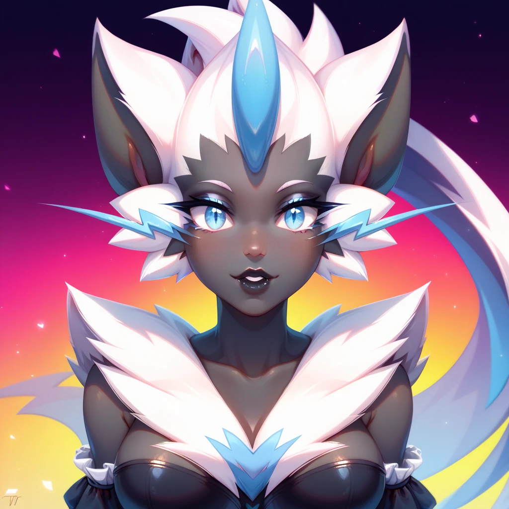 score_9, score_8_up, score_7_up, ((Masterpiece)), ((highres)), ((1girl, solo)), Random poses, beautifully detailed succubus girl, ((white mohawk w/long ponytail)), (((defined elf ears with ear guages))), defined eyes, pastel iris, long eye lashes, defined nose, black lipstick, curvy, (((Black skin))), (((black demon horns))), breasts, night sky, pastel gothic style, gothic style art, gothic asthetic, (((mulitcolored background))), (((bust shot))), (((Zeraora))), Pokemon art style
