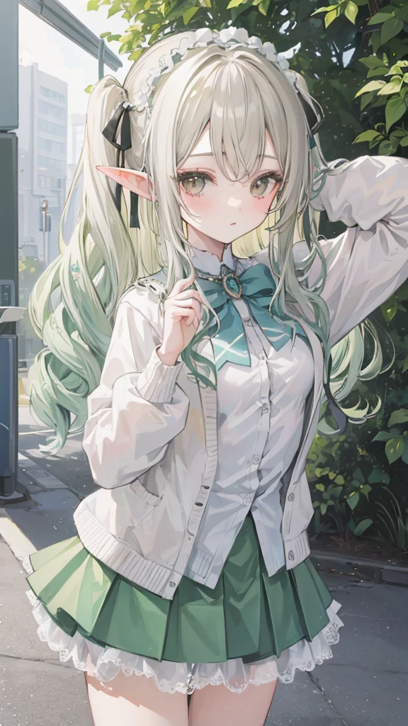 masterpiece ,  best quality ,Nashida( genesis influence) ,1 Girl ,  small breasts, long hair ,Side Ponytail, Hair accessories , White hair ,   green hair  , Hands behind head:1.5, colorful hair, Elf , Pointed ears , School Uniform , skirt ,Cardigan,road , street,  watching the audience 